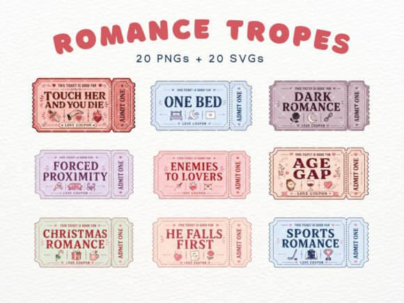 Bookish Romance Trope Ticket Cliparts for Creative Sellers