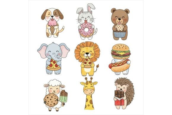 Cute Animals Eating Food Cartoon Style Illustrations for Design Projects