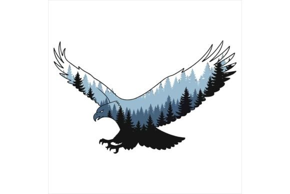 Eagle Soaring Over Pine Forest Landscape Illustrations