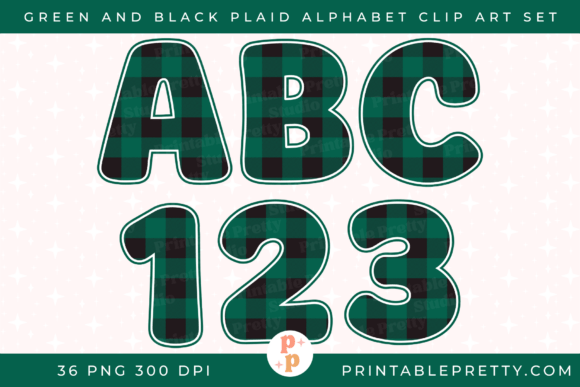 Green Black Buffalo Plaid Alphabet PNG for Embroidery Projects